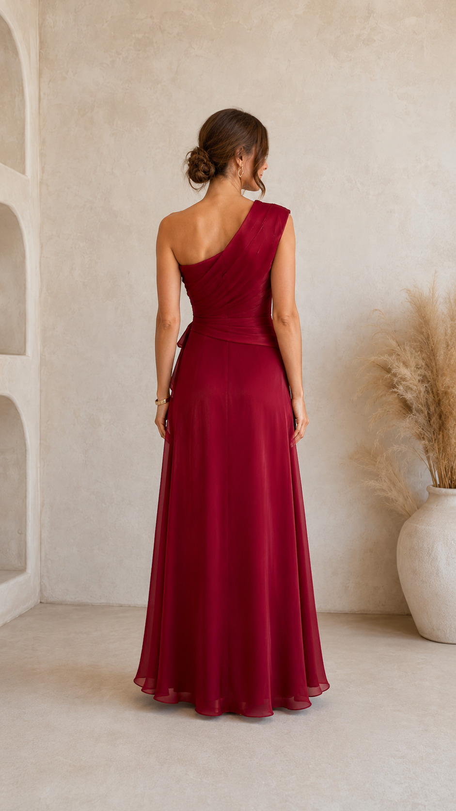 Dusty rose one-shoulder maxi dress with ruched waist and cascading ruffle detail front view