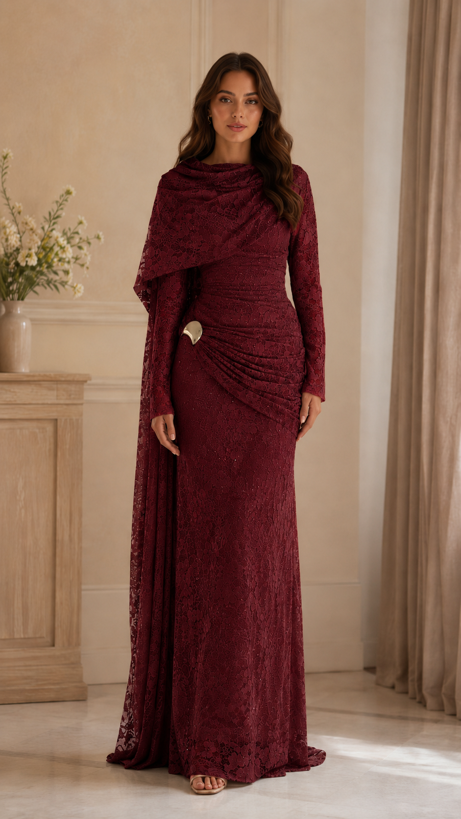 Back view of sage lace maxi evening dress with long sleeves and draped cape overlay