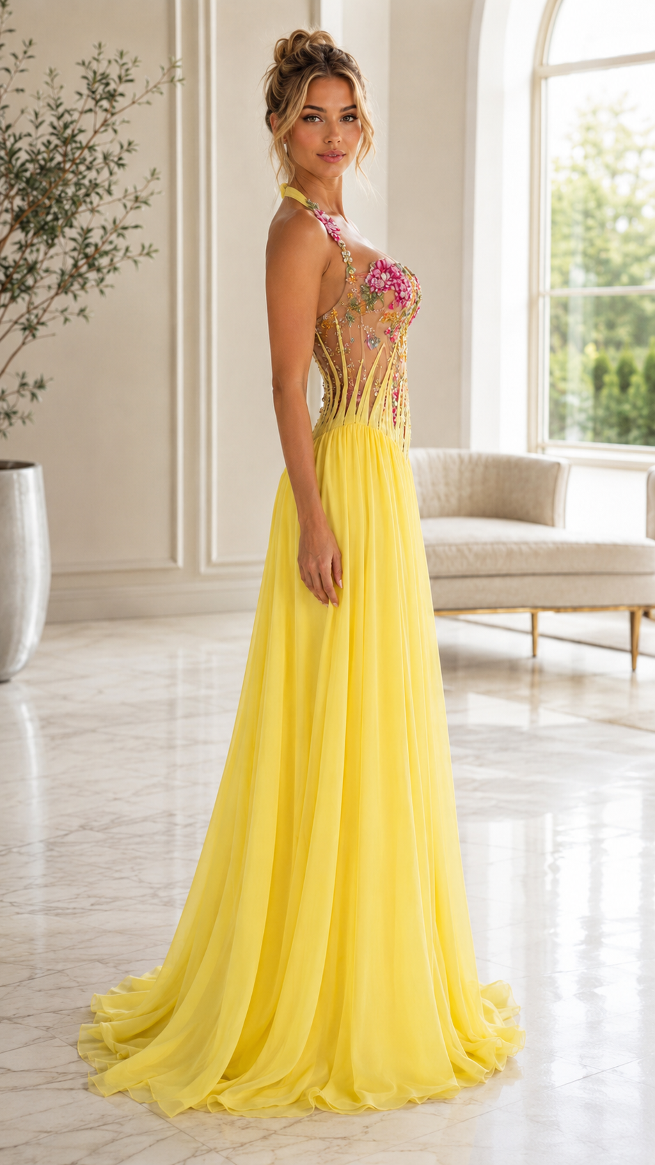 Front view of yellow floral appliqué halter corset evening gown with flowing pleated skirt