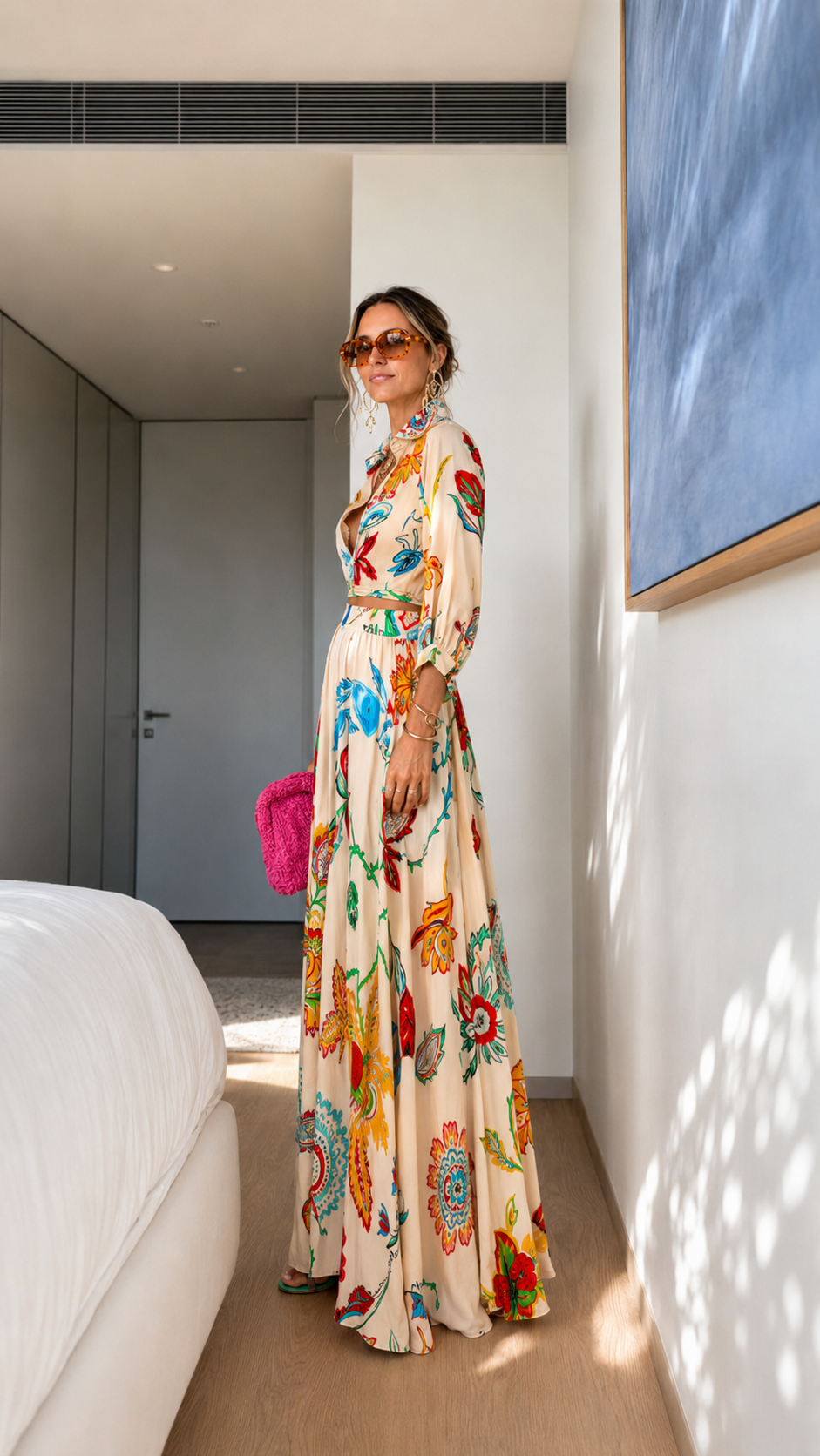 Front view of cream printed shirt collar maxi dress with belted waist and long sleeves