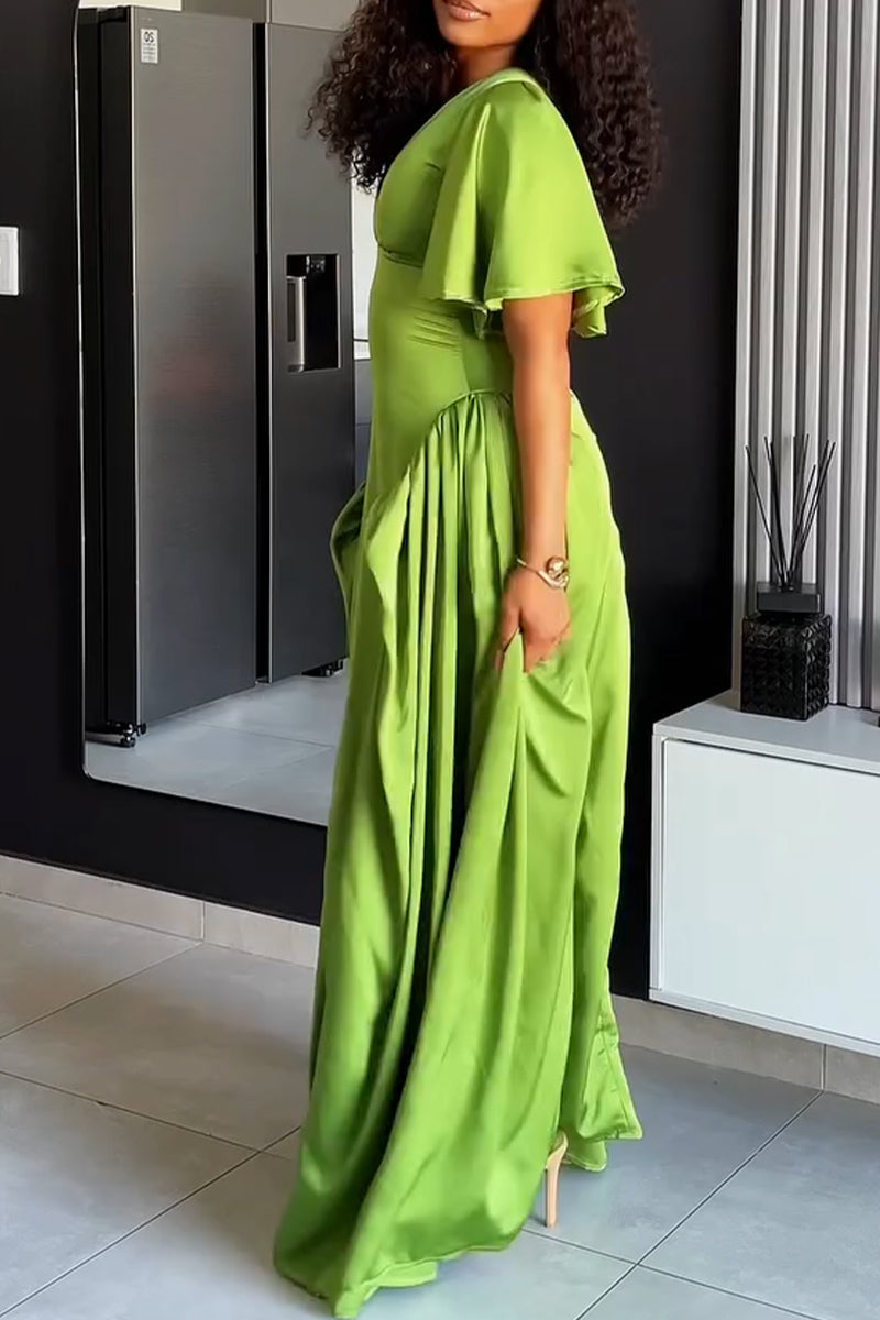 Womens Deep V-neck Patchwork Solid Color Elegant Temperament Dress
