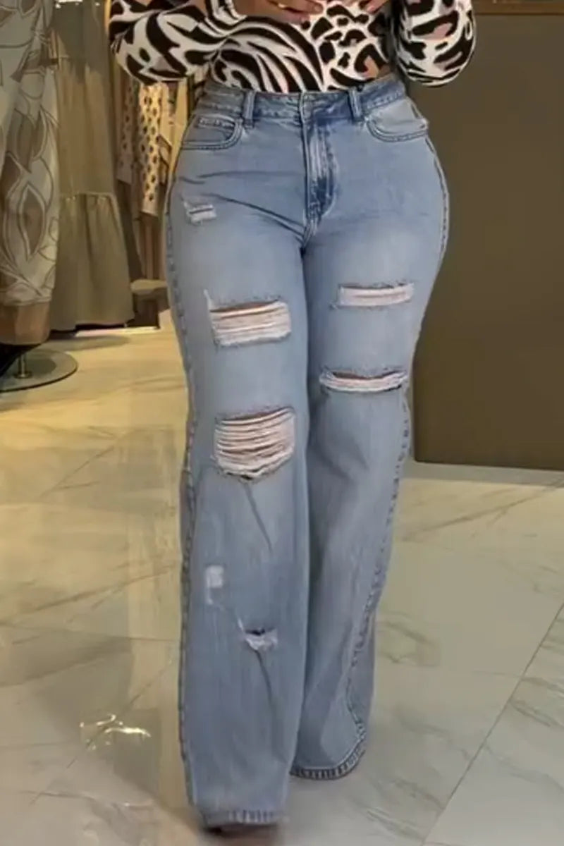 Women Casual Square Collar Printed Bodysuit or Ripped Washed Denim Jeans