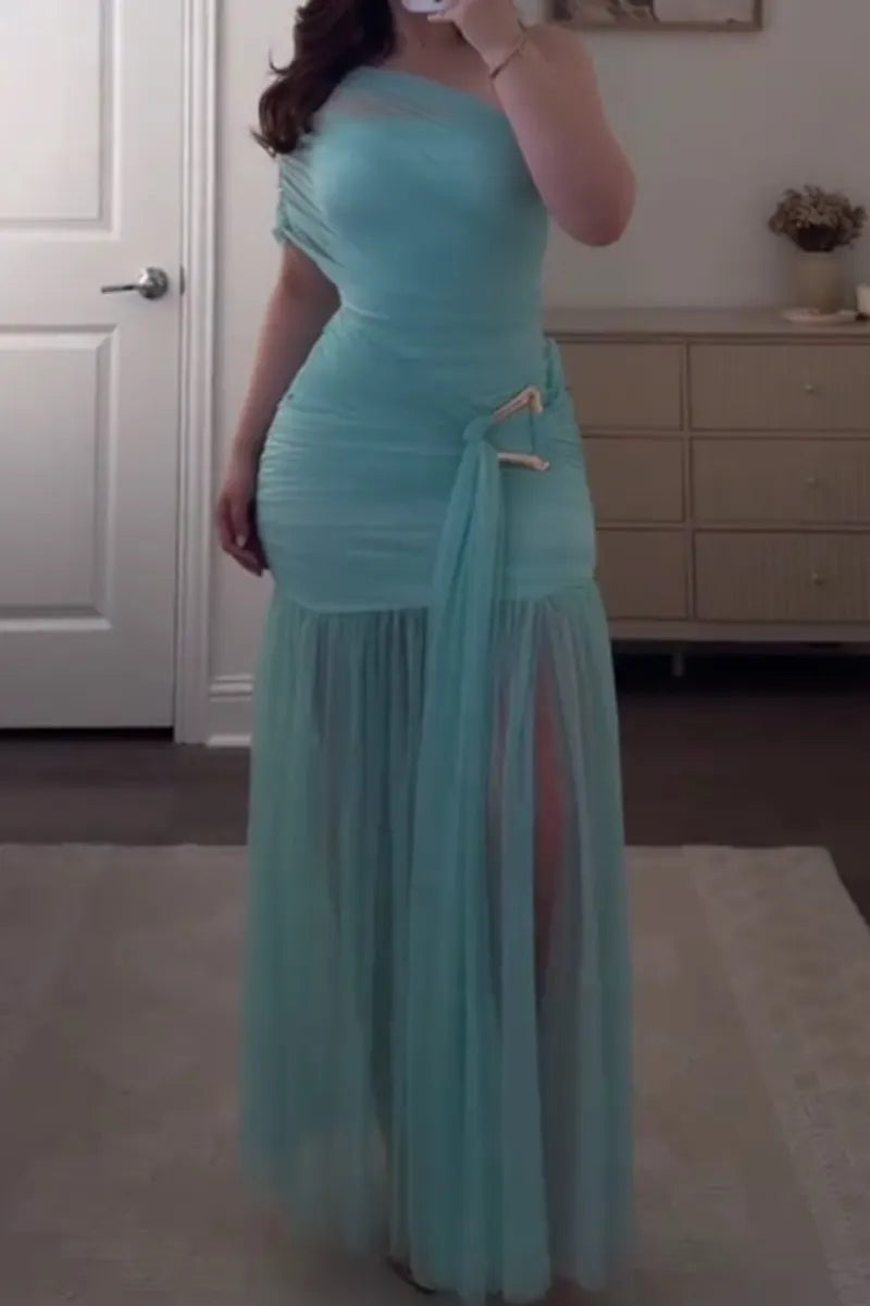 Women's Off Shoulder Metallic Tie Waist Long Party Dress