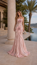 Blush pink strapless floral mermaid evening gown with glittering texture and floor-length train