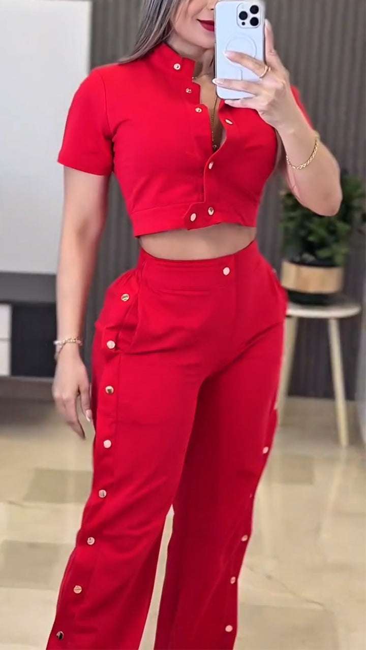 Women's Stand Collar Top + Side Button Trousers Casual Set