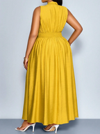 Women's Mustard Yellow Satin V-Neck Waist Tie Maxi Dress
