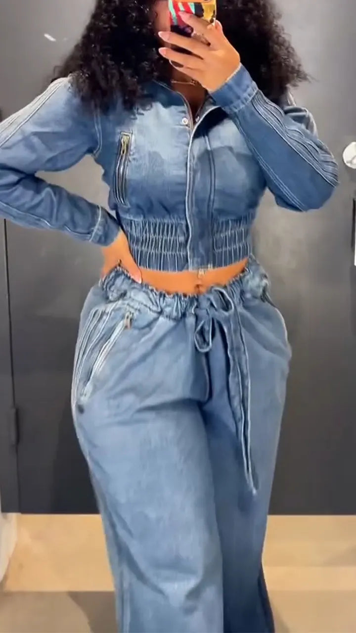 Women Collar Wash Top+ Pants Casual Denim Suit