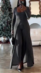 Women U-neck Long Top + Slim-fit Trousers Casual Suit