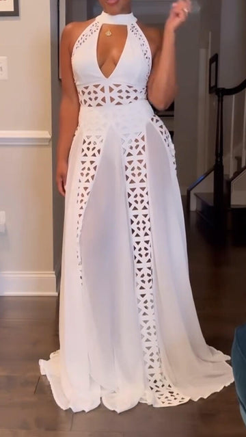 Ladies Neck Hanging Printed Hollow Splicing Elegant Evening Dress