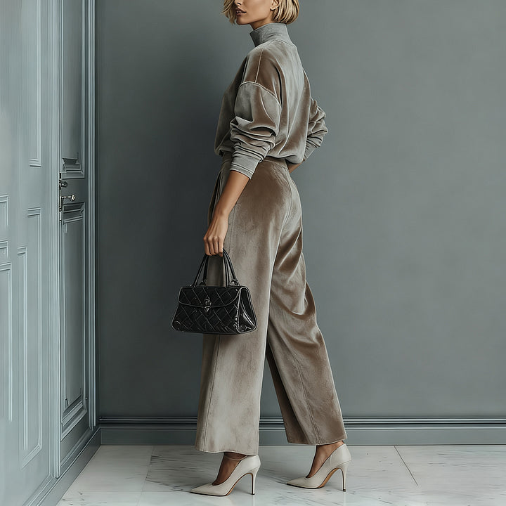 Velvet Cloud Oversized Co-ord Set: Luxe Turtleneck & Tailored Wide-Leg Pants