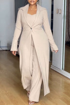 Women Inner Suspender Solid Color Jumpsuit + Long Cardigan Temperament Casual Set