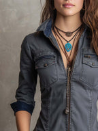 Vintage Washed Zip-up Long-sleeved Denim Shirt