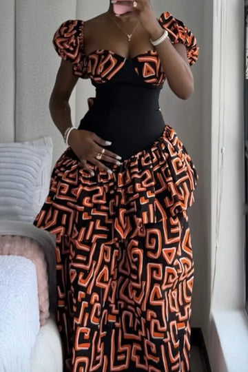 Women's Contrast Solid Black Waist Ankara Print Puff Short Sleeve Layered Flowy Long Dress
