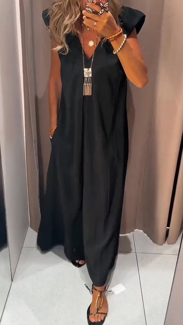 Women V-neck Solid Color Casual Dress