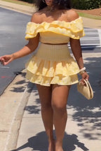 Women's Resort Off Shoulder Top Double Layer Flounce Skirt Set