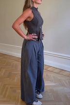 Women Casual Round Neck Sleeveless Zipper Denim Top or Wide Leg Pants