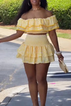 Women's Resort Off Shoulder Top Double Layer Flounce Skirt Set