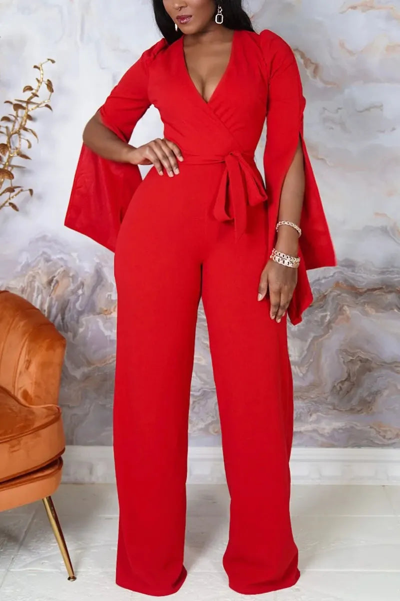 Women's Elegant Red High Waist Wide Leg Jumpsuit With Waist Tie