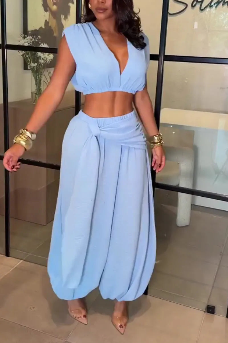 Women's Solid Light Blue Deep V Sleeveless Ruched Crop Top Or High Waist Twist Wrap Front Textured Wide Leg Pants