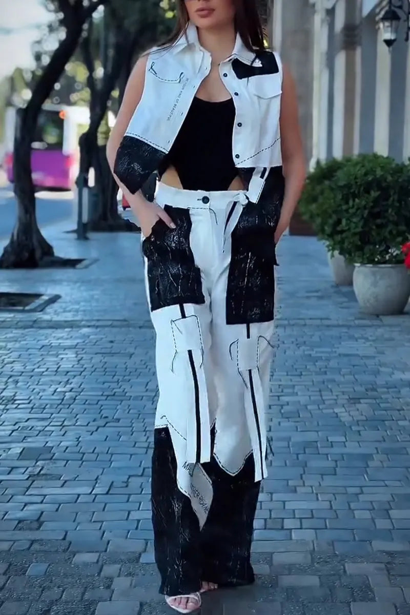 Women's Fashion Asymmetric Color Block Vest or Wide Leg Pants