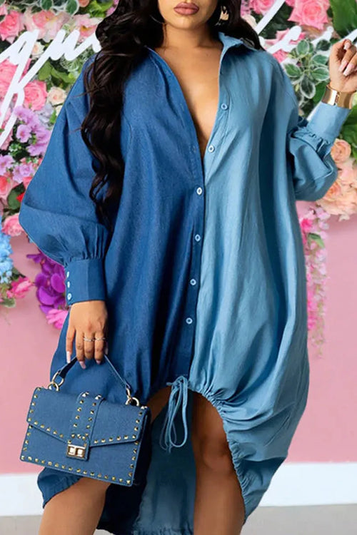 Ladies' Hot Selling Casual Street Shirt Contrasting Denim Dress