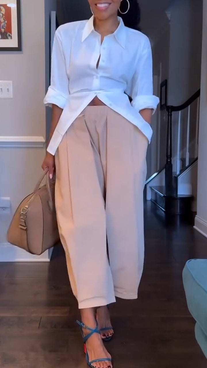Women Collar Solid Color Shirt + Pants Temperament Casual Suit