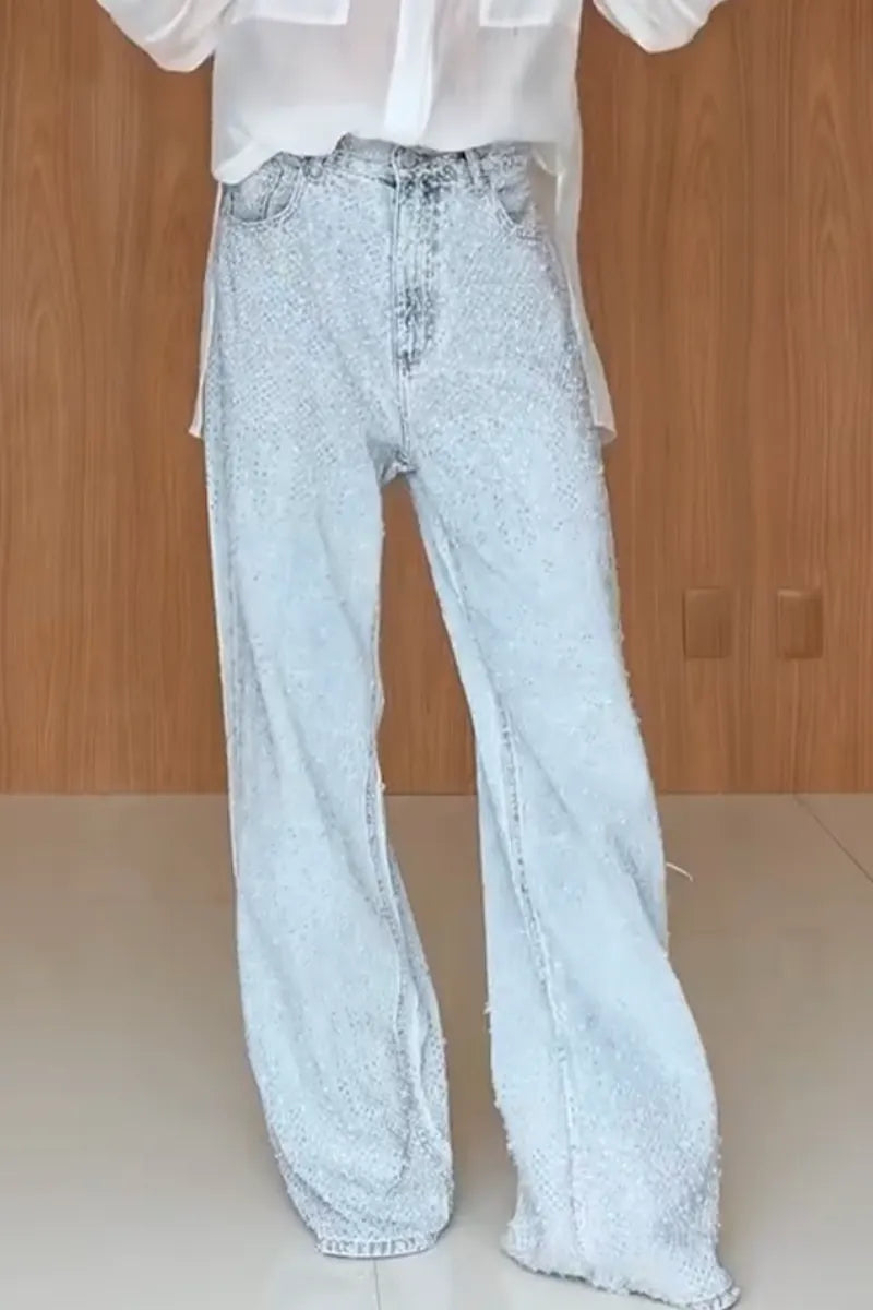 Women Collar See Through Shirt+ Rhinestone Jeans Casual Set