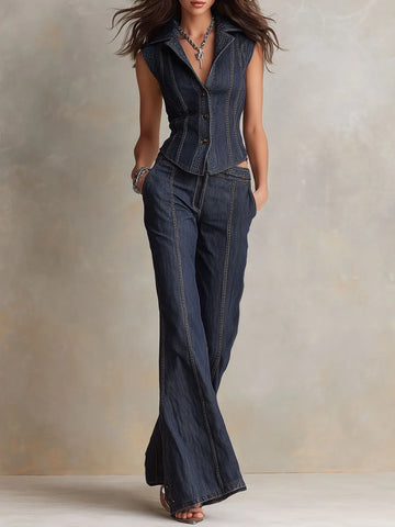 Retro Dark Denim Corset Top & High-Waisted Flared Pants Two-Piece Set