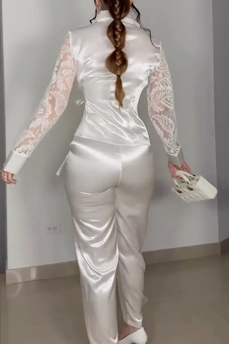 Women's Commuter Lace Sleeve Panel Blouse Pants Set