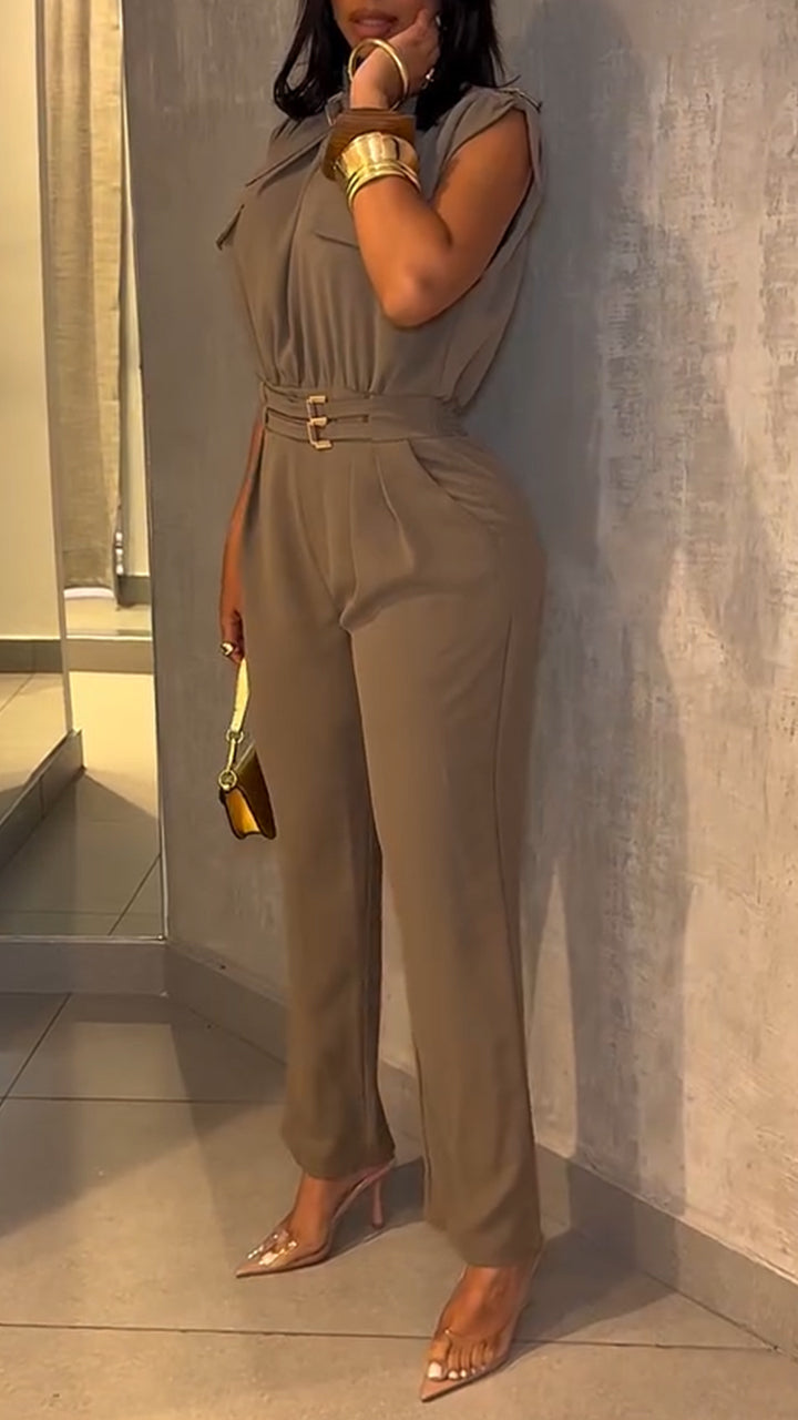 Womens round neck waist-hugging temperament casual jumpsuits