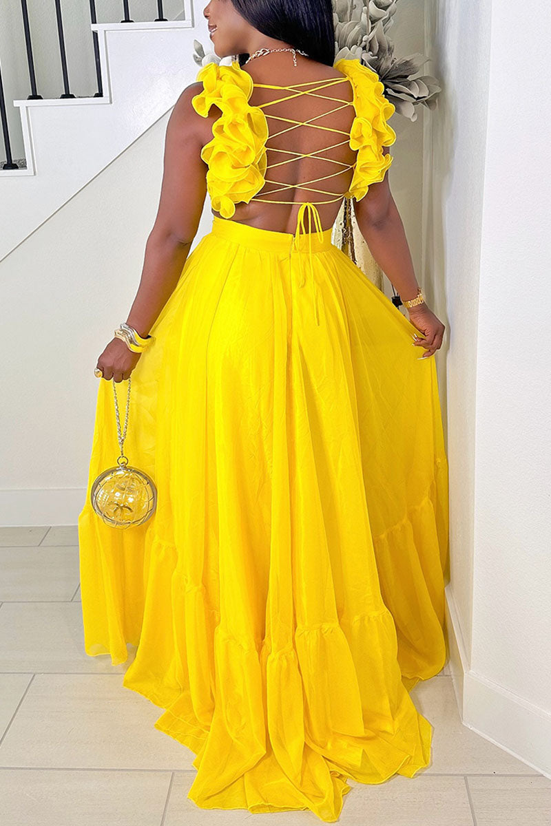 Women's Elegant  Ruffle Backless Lace-Up Maxi Dress