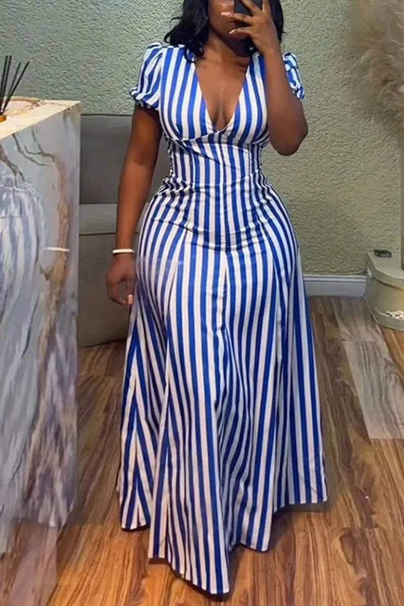 Women's Blue And White Striped Deep V Neck Puff Sleeve Maxi Dress