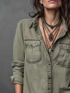 Vintage Pockets Long Sleeve Washed Blouse