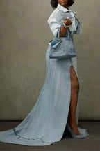 Womens Split Spliced Denim Dress + Short Jacket Casual Set