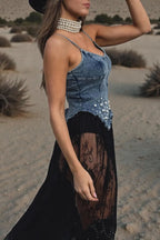 Women's Denim Corset Top And Lace High-Split Maxi Skirt Set