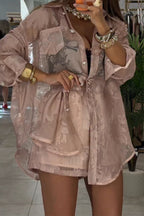 Women Collar See Through Printed Shirt + Shorts Casual Set