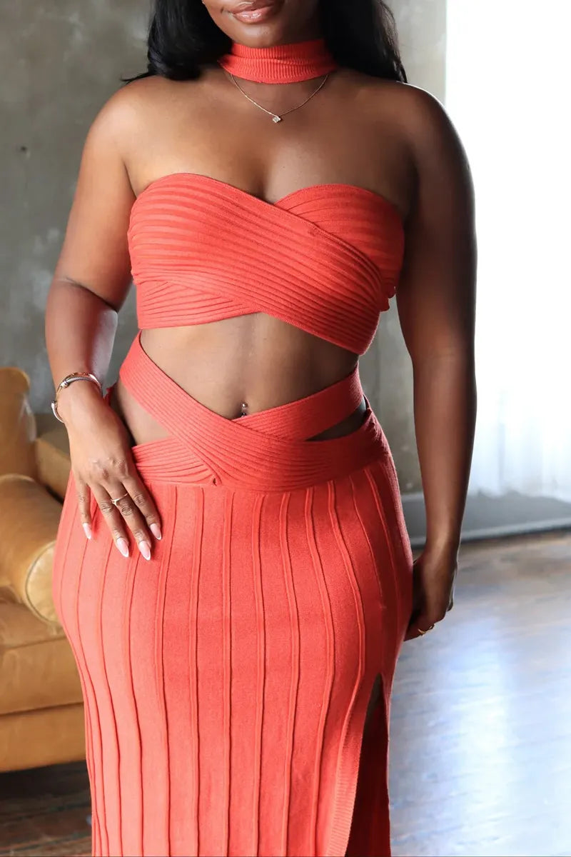Women's Orange Ribbed Knit Two-Piece Set with Cutout Waist and Slit Skirt