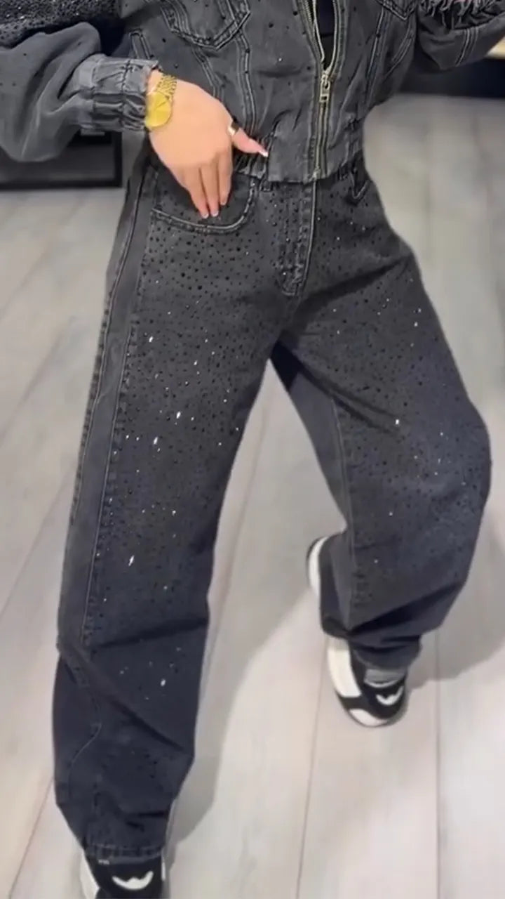 Women Round Neck Rhinestone Jacket+ Pants Casual Denim Suit