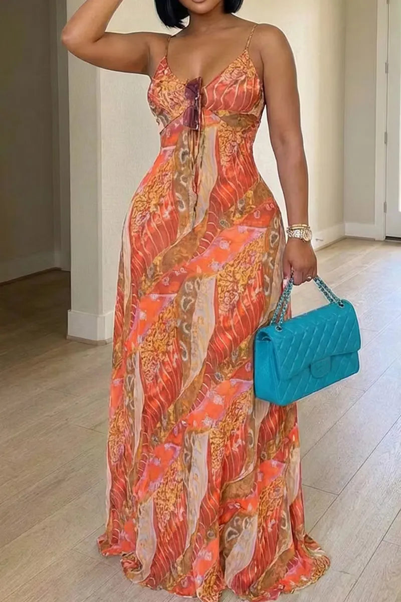 Women's Spaghetti Strap Print Long Vacation Dress