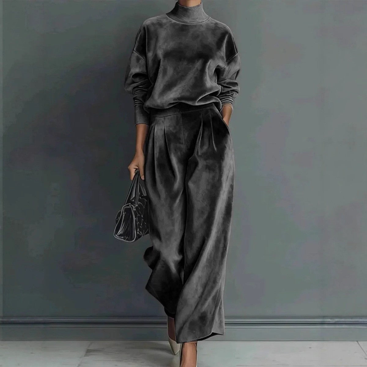Velvet Cloud Oversized Co-ord Set: Luxe Turtleneck & Tailored Wide-Leg Pants