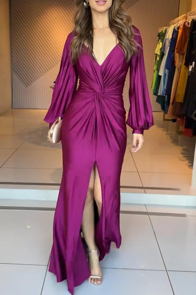 Women's Elegant Puff Sleeve Knot Trim Maxi Dress