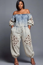 Women's Vacation White Off Shoulder Half Sleeved Hollow Pocket Denim Jumpsuit