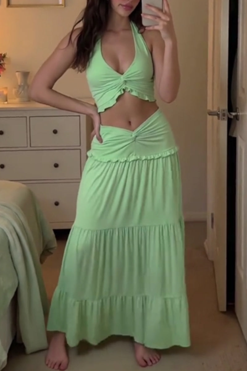 Women's Twist-Front Halter Crop Vacation Top or Knot-Detail Low Rise Maxi Skirt