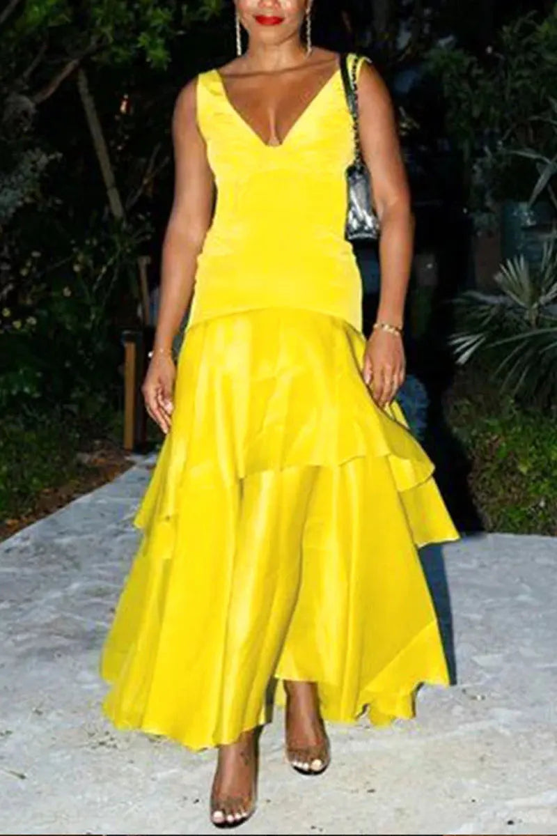 Women's V-Neck Tiered Asymmetrical Hem Maxi Dress