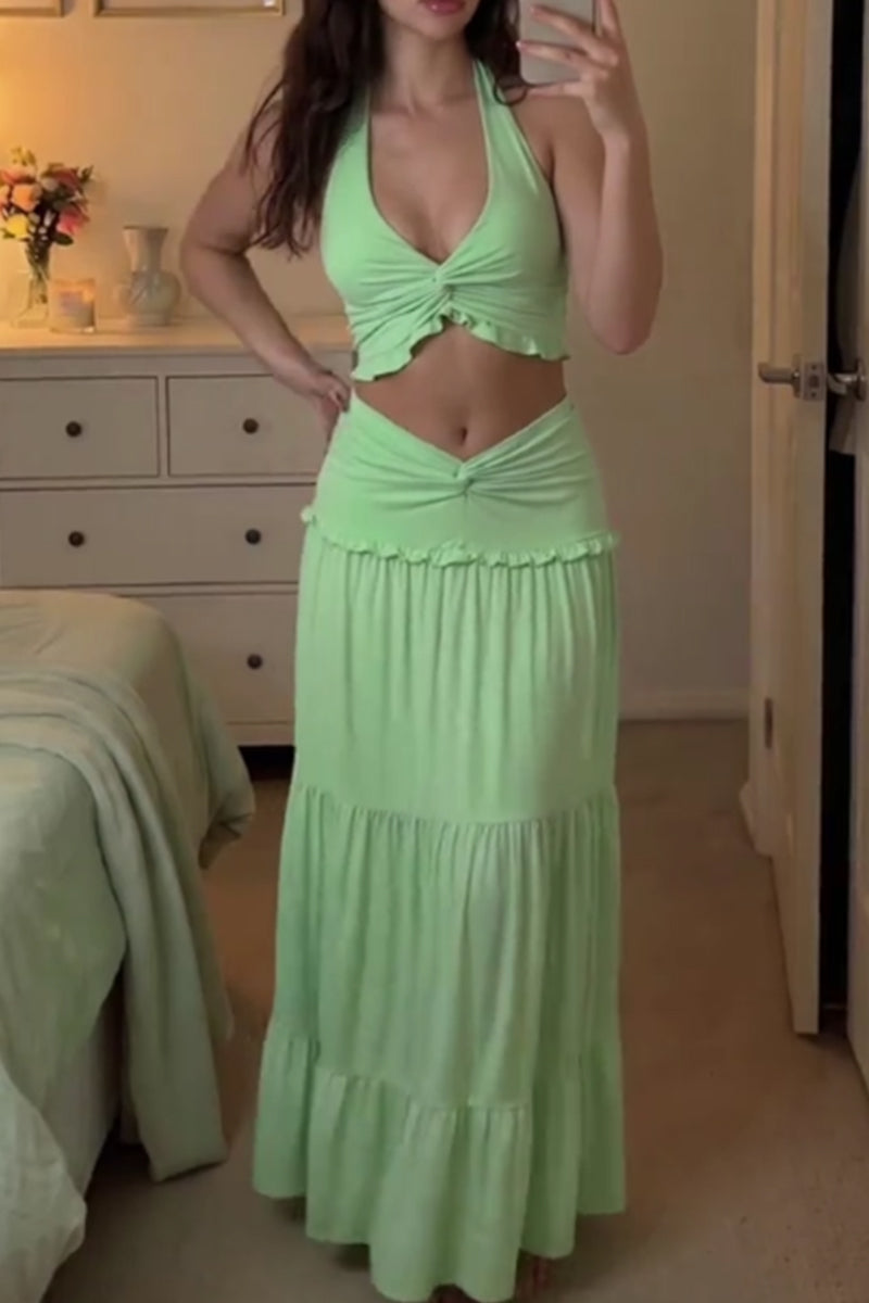 Women's Twist-Front Halter Crop Vacation Top or Knot-Detail Low Rise Maxi Skirt