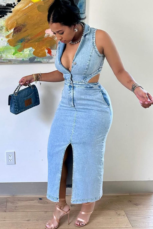 Women's Fashion Sleeveless Lapel Slit Denim Dress