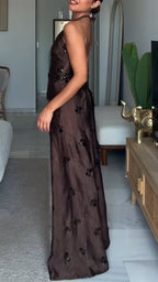 Womens Neck Hanging Sequin Patchwork Top + Wide Leg Pants Casual Set with Temperament