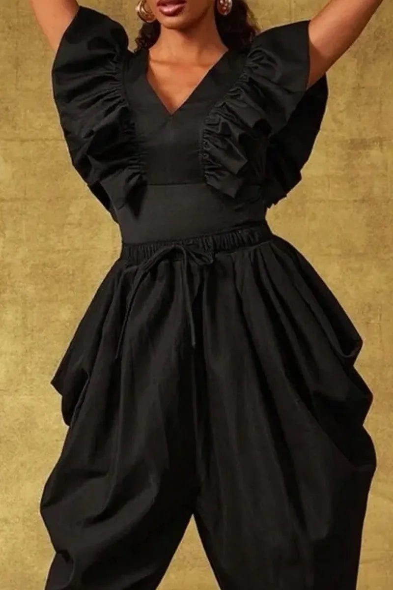 Women's Black Ruffled Short Puff Sleeve High Waist Baggy Drop Crotch Ankle Cuff Casual Jumpsuit
