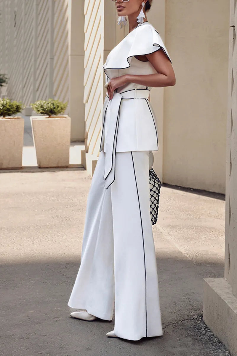 Women's Elegant Contrast-Stitch Trim Cami Pants Set with Belt