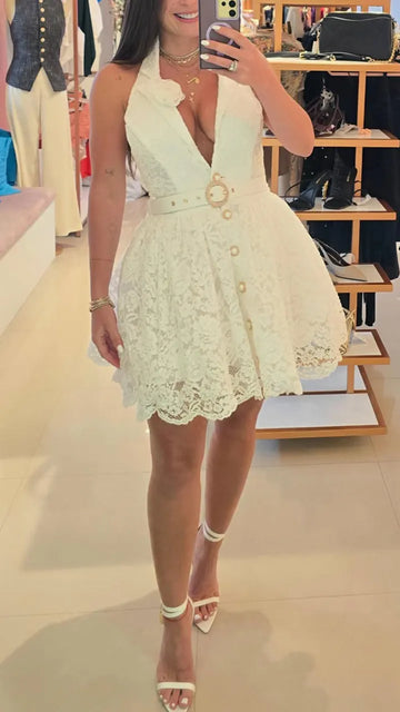 Women Neck Hanging Deep V-neck with Lace Pattern Splicing Elegant Temperament Dress